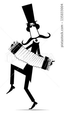 Cartoon man playing accordion and singing.  Musician man in the top hat playing accordion and singing. Black and white illustration 135833004