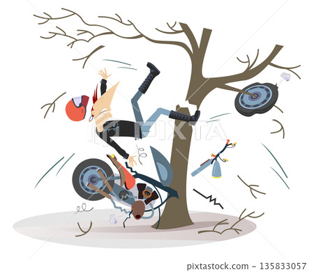 Road accident with motorcycle rider. Motorcycle rider smashed into a tree. Broken motorcycle Road accident with motorcycle rider. Motorcycle rider smashed into a tree. Broken motorcycle 135833057