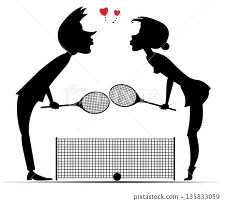 Love couple man and woman on tennis court. Young man and woman playing tennis. Love couple kissing on the tennis court. Black on white illustration Love couple man and woman on tennis court. Young man and woman playing tennis. Love couple kissing on the tennis court. Black on white illustration 135833059