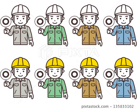 Icon of a man wearing a helmet and work clothes raising a correct answer tag 135833102