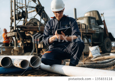 Vehicle is parked behind. Construction worker is near boring drilling machine 135833118