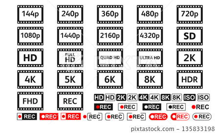 Display Resolution Icons Set with REC Labels, HD 4K 8K Film Frame Style 135833198
