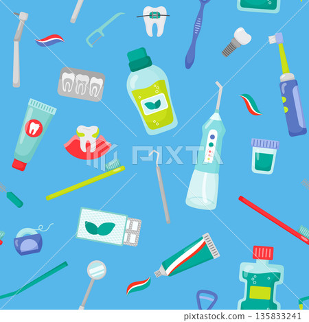 Seamless pattern oral hygiene icons in flat style. Dental instruments. Teeth and gums health care. Background. Vector illustration Seamless pattern oral hygiene icons in flat style. Dental instruments. Teeth and gums health care. Background. Vector illustration 135833241