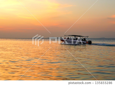 Fast motorboat carries tourists across ocean. Speedboat moves sea on sunset near coastline Fast motorboat carries tourists across ocean. Speedboat moves sea on sunset near coastline 135833286