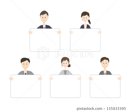 Men and women in suits holding white boards 135833395