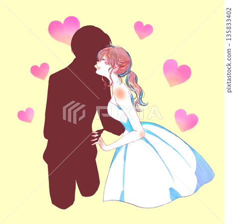 新郎新娘面對面站著，剪影 135833402