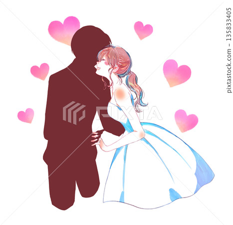 新郎新娘面對面站著，剪影 135833405