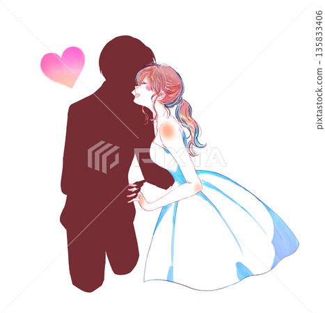 新郎新娘面對面站著,剪影 新郎新娘面對面站著,剪影 135833406
