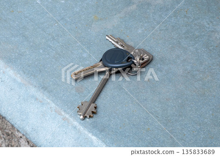 Set of modern metal keys with grey plastic fob on a keyring lying on a grey metallic surface, for home and property security concept 135833689
