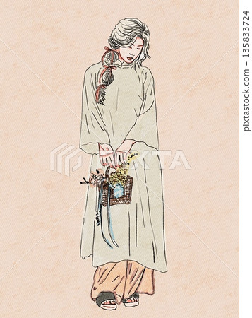 trendy look girl in hat with a bag trendy look girl in hat with a bag 135833724