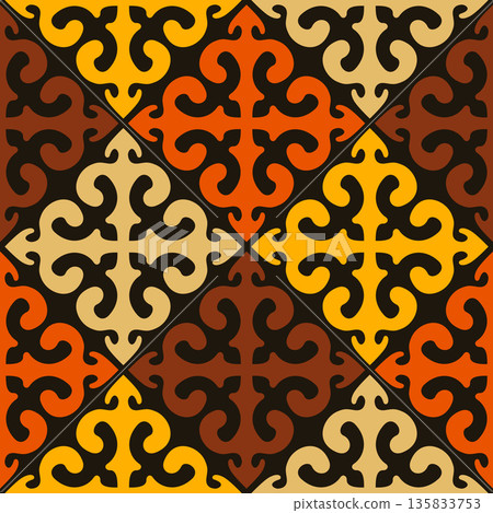 Bold Central Asian nomadic ornament seamless pattern for ethnic branding and restaurant design 135833753