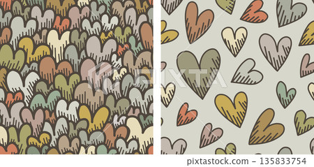 Set of two hand drawn heart seamless patterns in warm pastel colors for textile Set of two hand drawn heart seamless patterns in warm pastel colors for textile 135833754