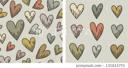 Set of two hand drawn heart seamless patterns with floating hearts and outlines Set of two hand drawn heart seamless patterns with floating hearts and outlines 135833755