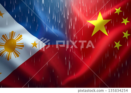 雨滴落在菲律賓和中國國旗上 135834254