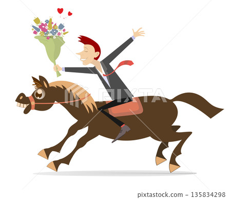 Happy young man rides horse.  Young man with bunch of flowers rides horse 135834298