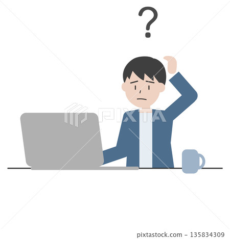 一位心存疑慮的男士的插圖——商務場景,擔憂電腦工作 一位心存疑慮的男士的插圖——商務場景,擔憂電腦工作 135834309