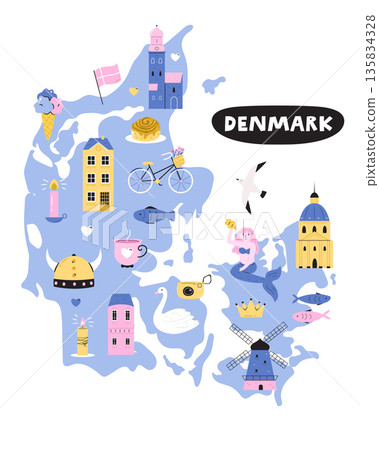 Illustrated Map of Denmark with Landmarks, Food and Cultural Symbols. Cute Scandinavian Travel Vector Illustrated Map of Denmark with Landmarks, Food and Cultural Symbols. Cute Scandinavian Travel Vector 135834328