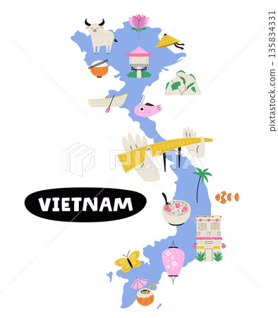 Vietnam Illustrated Map with Cultural Symbols, Food, Nature and Landmarks. Cute Flat Vector Travel Illustration Vietnam Illustrated Map with Cultural Symbols, Food, Nature and Landmarks. Cute Flat Vector Travel Illustration 135834331