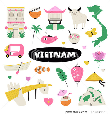 Vietnam Travel Icons Set with Cultural Symbols, Food, Nature and Landmarks. Cute Flat Vector Illustration Vietnam Travel Icons Set with Cultural Symbols, Food, Nature and Landmarks. Cute Flat Vector Illustration 135834332