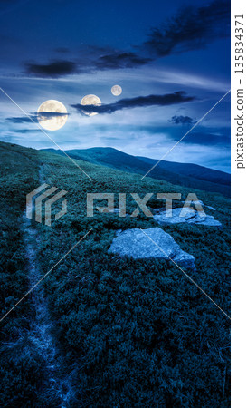 hiking trail through mountain landscape at night. mountains under sky with clouds in full moon light. scenery with green grass and rolling hills. questionable finance investment or abstract concepts hiking trail through mountain landscape at night. mountains under sky with clouds in full moon light. scenery with green grass and rolling hills. questionable finance investment or abstract concepts 135834371