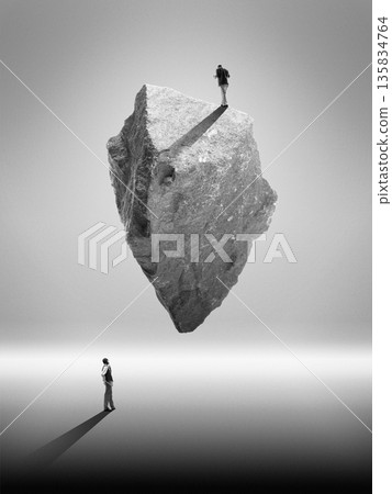 Surreal composition with floating rock as unreachable goal and strategic challenge. Surreal composition with floating rock as unreachable goal and strategic challenge. 135834764