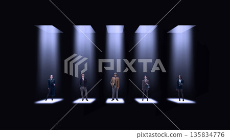 Cinematic poster with professionals standing under individual spotlights Cinematic poster with professionals standing under individual spotlights 135834776