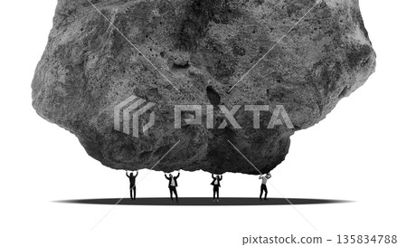 Monumental design business team supporting massive stone overhead. Monumental design business team supporting massive stone overhead. 135834788