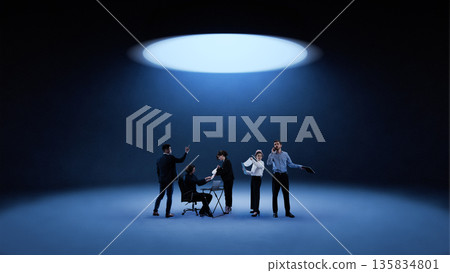 Dramatic mixed media with business team under spotlight in empty stage. 135834801
