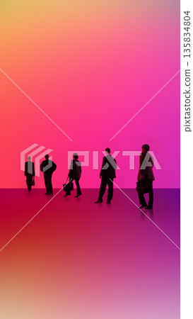 Vivid artwork of 4 models. Business crowd walking across abstract gradient space. 135834804