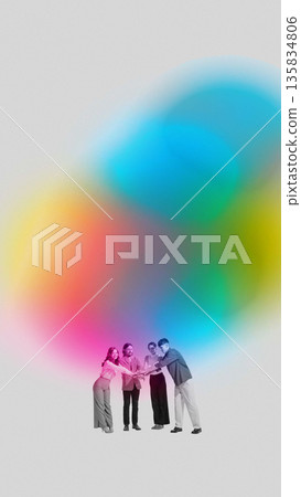 Modern mixed media team stacking hands beneath colorful abstract cloud. 135834806