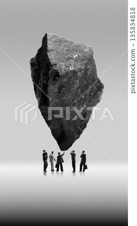 Monumental artwork of business group facing massive floating stone. Collage of 4 models Monumental artwork of business group facing massive floating stone. Collage of 4 models 135834818