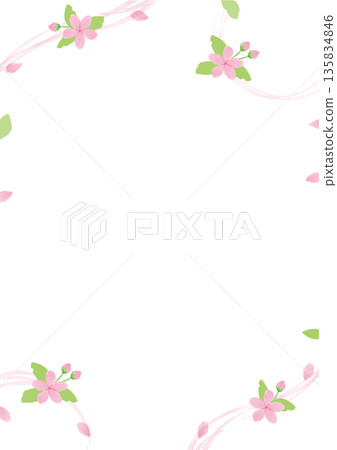 Watercolor cherry blossom and leaf Japanese style frame, decorations on the four corners and fresh green background material_vertical Watercolor cherry blossom and leaf Japanese style frame, decorations on the four corners and fresh green background material_vertical 135834846