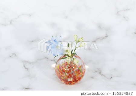 Delphinium flower in a warm-colored glass vase (center position) Delphinium flower in a warm-colored glass vase (center position) 135834887
