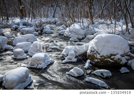 冬日的奧伊拉塞峽谷：岩石上積雪皚皚，溪流清澈見底。 135834919