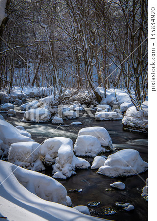 冬日的奧伊拉塞峽谷：岩石上積雪皚皚，溪流清澈見底。 135834920