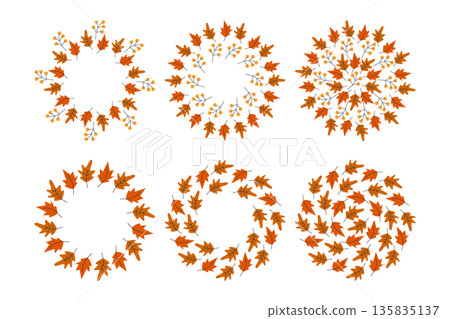 Autumn Leaves Circle Frames and Backdrops in trendy Monochrome Autumn Pallet Minimal Flat design Set. Vector illustration Thanksgiving or Autumn Thematic Cards Social Media post, tag Design Element  135835137