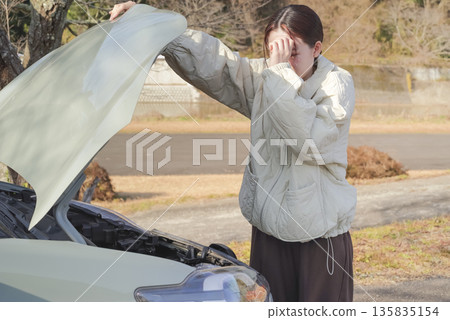 一位女司機的車子出了故障。 一位女司機的車子出了故障。 135835154