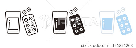 醫藥圖示集。玻璃杯和藥片。藥房、醫療保健、口服藥物。 135835268