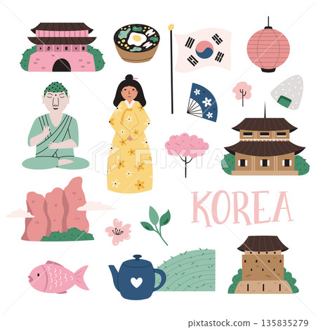 Korean Culture Clipart. Hand Drawn Traditional Symbols, Landmarks and Food of Korea 135835279