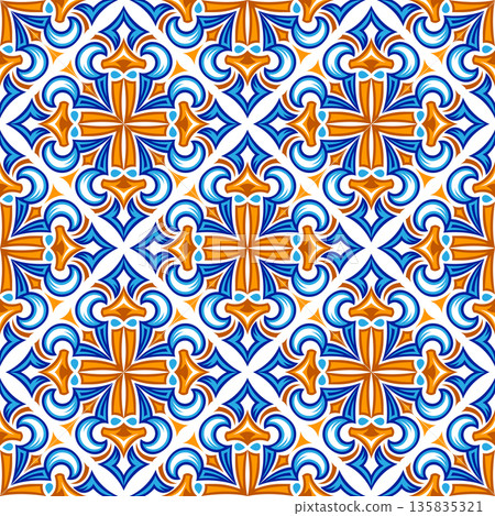 Talavera seamless pattern. Azulejos portugal. Turkish ornament. Moroccan tile mosaic. Spanish porcelain. Ceramic tile, folk print. Spanish pottery. Ethnic background. 135835321