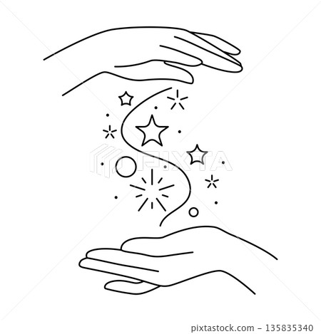 Magic stars in hands. Palms hold or gives celestial body. Line art style isolated human hand. Magic stars in hands. Palms hold or gives celestial body. Line art style isolated human hand. 135835340