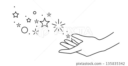Magic stars in hand. Palm hold or gives celestial body. Line art style. Magic stars in hand. Palm hold or gives celestial body. Line art style. 135835342