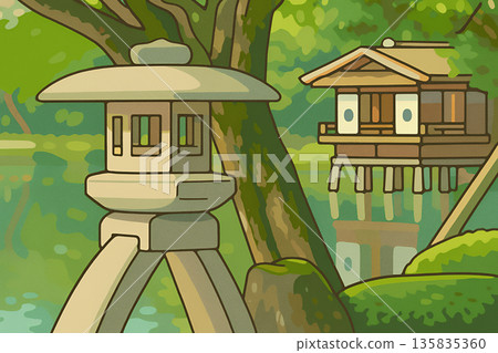 兼六園中鬼神燈籠和內橋亭的插圖 135835360