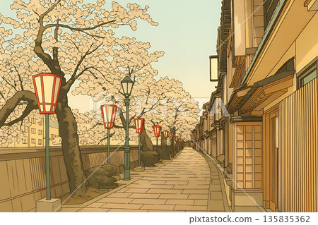 金澤市淺野川和和町沿岸的櫻花樹插圖 金澤市淺野川和和町沿岸的櫻花樹插圖 135835362