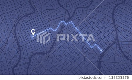 Dark blue night city map with glowing navigation route and white location pin. Vector illustration. Dark blue night city map with glowing navigation route and white location pin. Vector illustration. 135835376