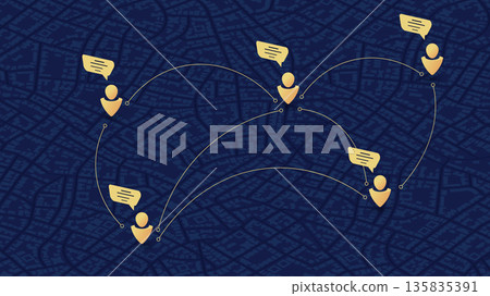 Communication concept. People connected with each other around. Business people around city working with online computer. Generic city map on background. Editable isometric, vector illustration. 135835391
