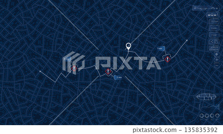 Closed turns on road, highway disruptions. Accident road. Traffic detours on map. Location tracks dashboard. Generic city map with streets and houses. Vector illustration 135835392