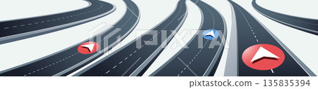 Set of highway navigation route with tracking location. Asphalt winding pathway. Route direction with signs for map transport direction. Vector isolated on white background Set of highway navigation route with tracking location. Asphalt winding pathway. Route direction with signs for map transport direction. Vector isolated on white background 135835394
