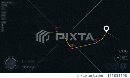 Closed turns on road, highway disruptions. Accident road. Traffic detours on map. Location tracks dashboard. Generic city map with streets and houses. Isometric vector illustration 135835398