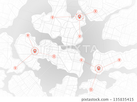 Extensive city scheme featuring points of interest. Abstract navigation plan of the urban area. General city map indicating streets, roads, and buildings. Vector illustration 135835415